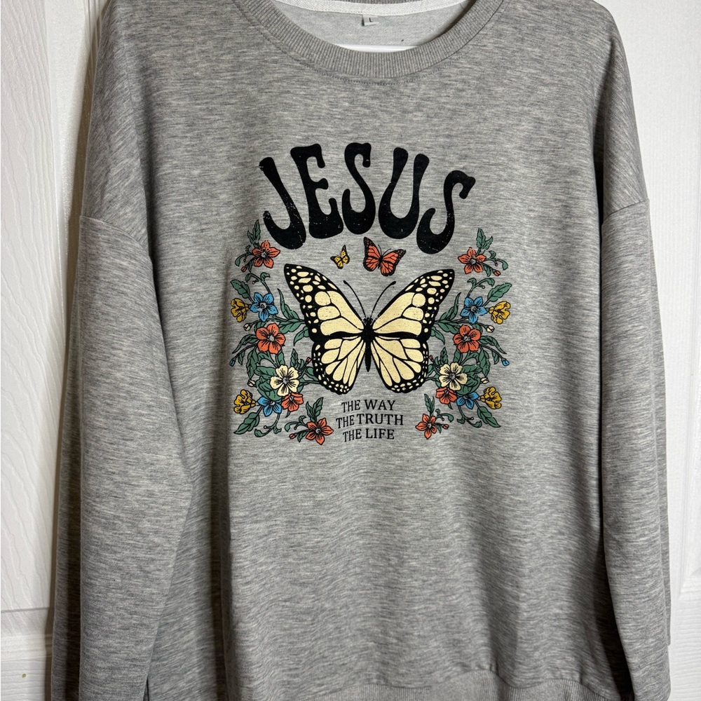 Gray Sweatshirt with Butterfly and Floral Design